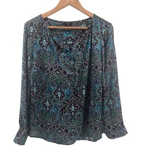 Talbots Blouse Womens 1XP Multicolor Paisley Split Neck Long Sleeve Chiffon Top